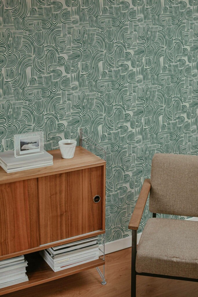 Mid-century style living room decorated with Swell peel and stick wallpaper