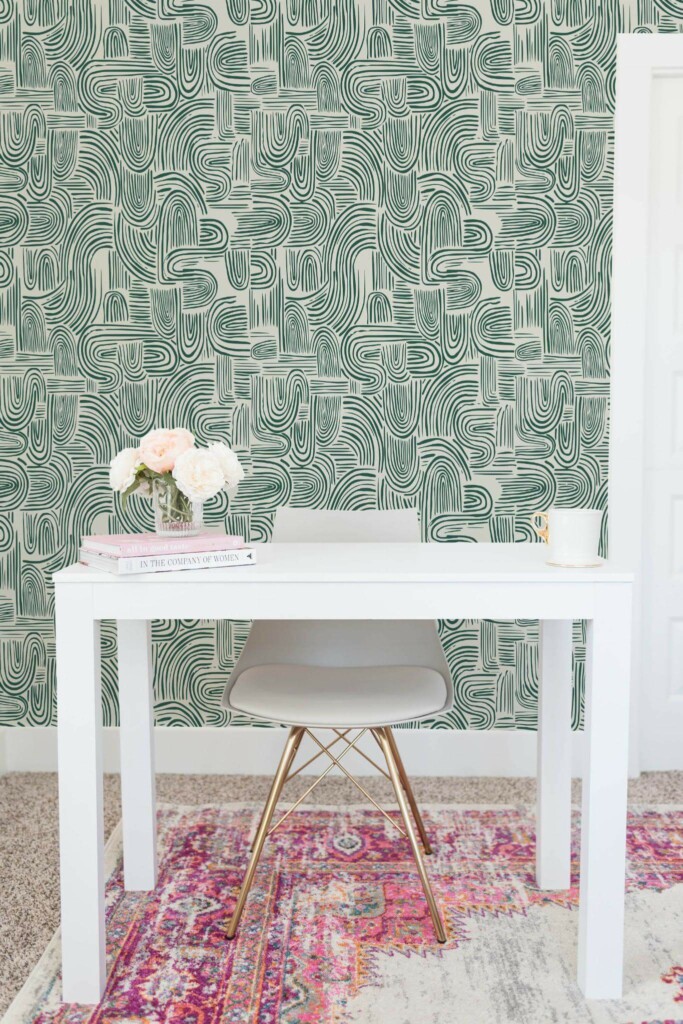 Shabby chic style home office decorated with Swell peel and stick wallpaper