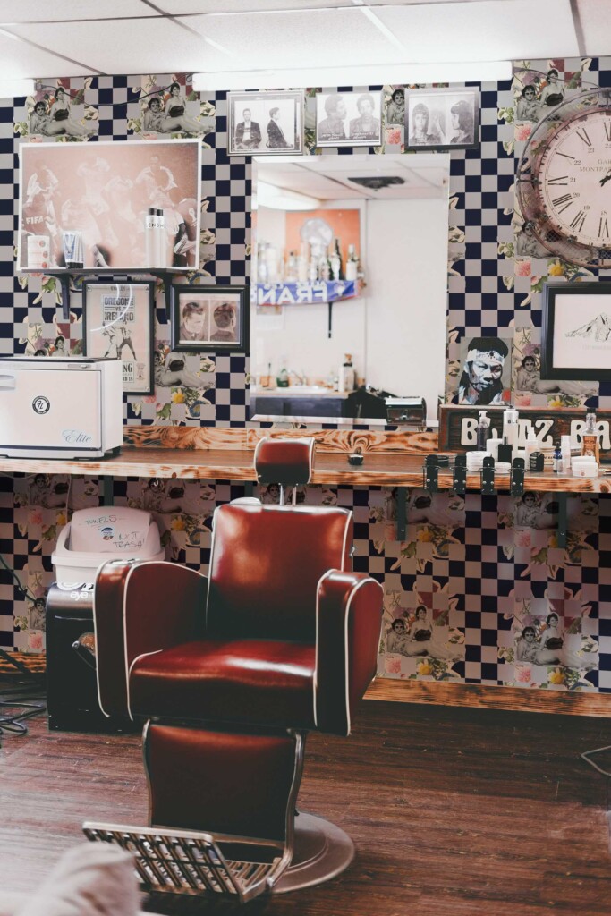 Peel and stick wallpaper in gray check with vintage swimmers by Fancy Walls