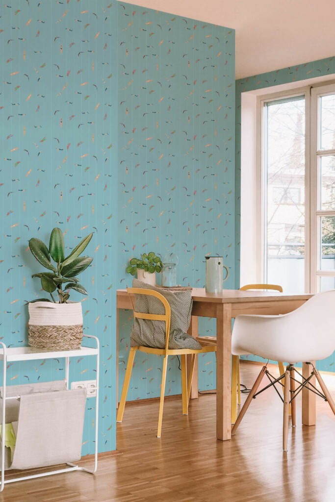 Minimal scandinavian style dining room decorated with Swimmers in pool peel and stick wallpaper