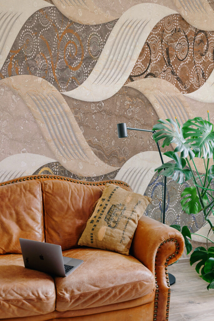 Removable wall mural with a brown pattern tile design featuring swirl accents and vintage textures by Fancy Walls