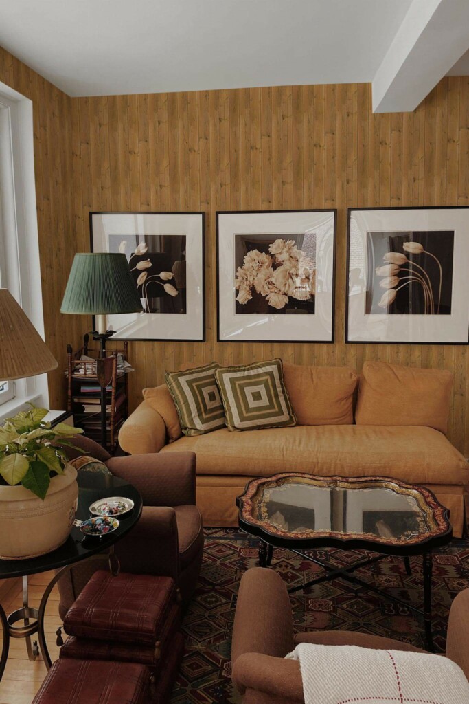 Mid-century eclectic style living room decorated with Tan shiplap wood peel and stick wallpaper
