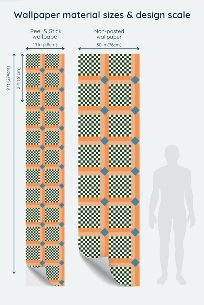 Size comparison of Tangerine Tessellation Peel & Stick and Non-pasted wallpapers with design scale relative to human figure