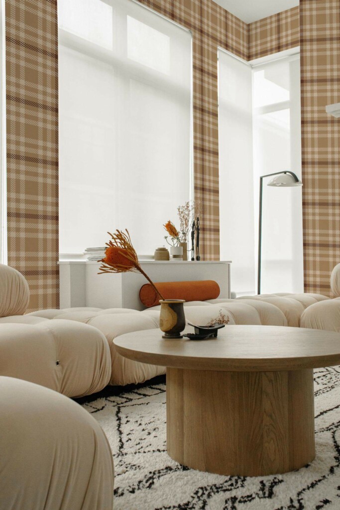 Contemporary style living room decorated with Tartan brown peel and stick wallpaper