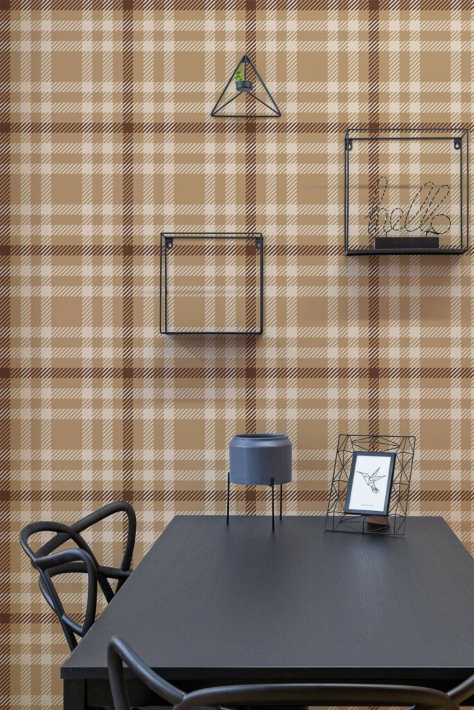 Industrial modern style dining room decorated with Tartan brown peel and stick wallpaper