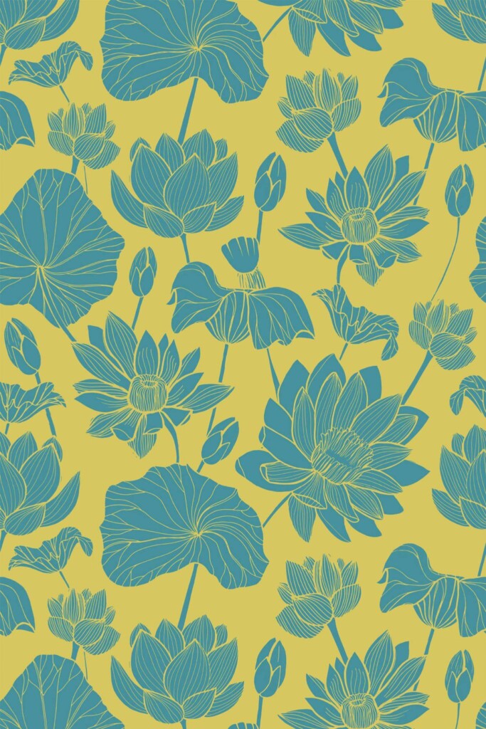 Pattern repeat of Teal and yellow dahlia removable wallpaper design