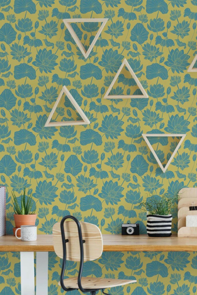 Scandinavian style home office decorated with Teal and yellow retro floral peel and stick wallpaper