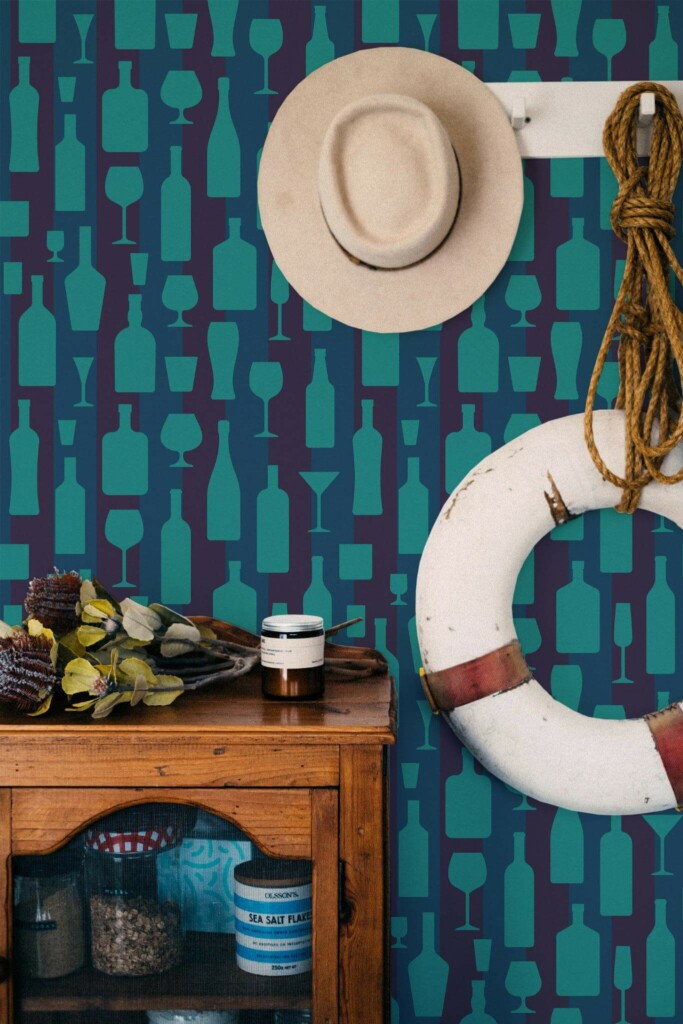 Coastal nautical style living room decorated with Teal bottle silhouettes peel and stick wallpaper