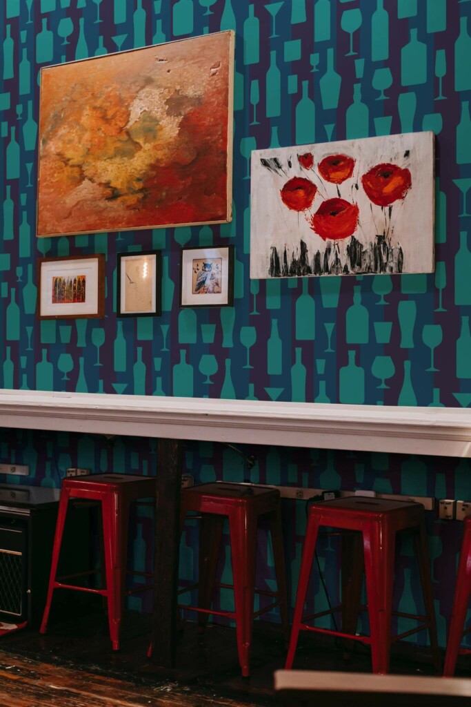 Eclectic style bar decorated with Teal bottle silhouettes peel and stick wallpaper