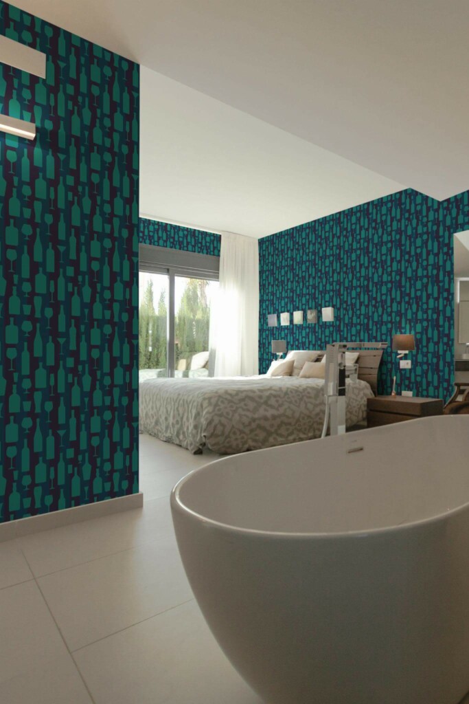 Modern style bedroom with open bathroom decorated with Teal bottle silhouettes peel and stick wallpaper