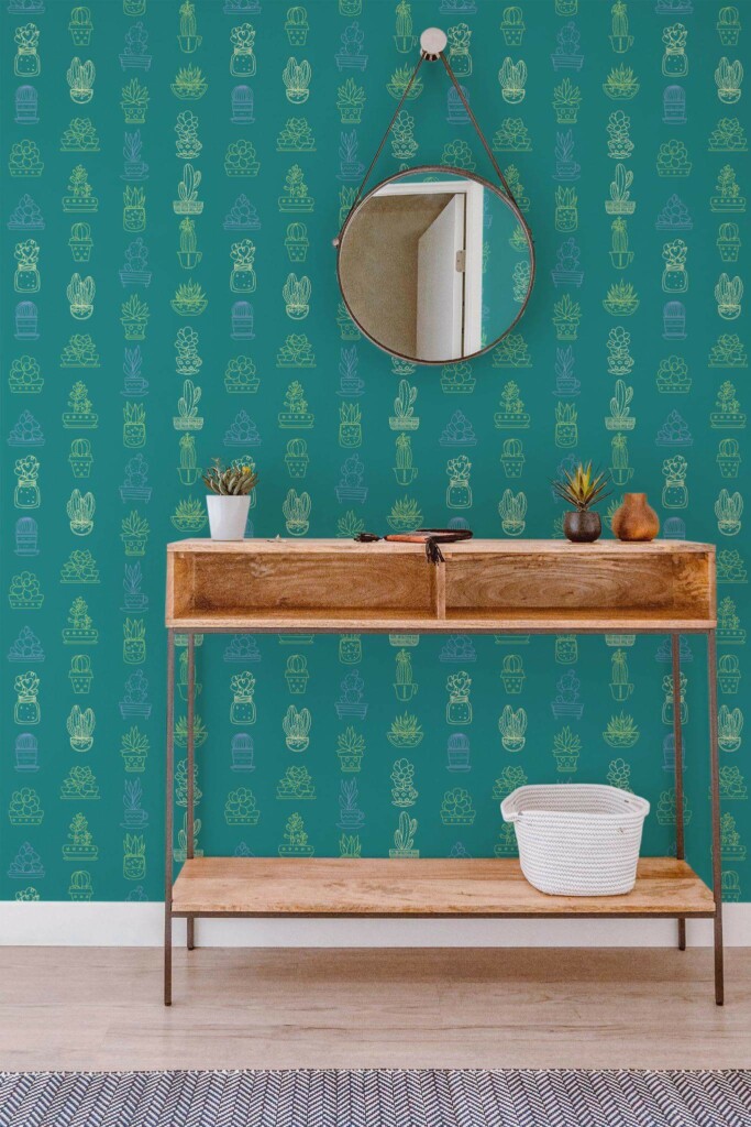 Contemporary style entryway decorated with Teal cactus peel and stick wallpaper