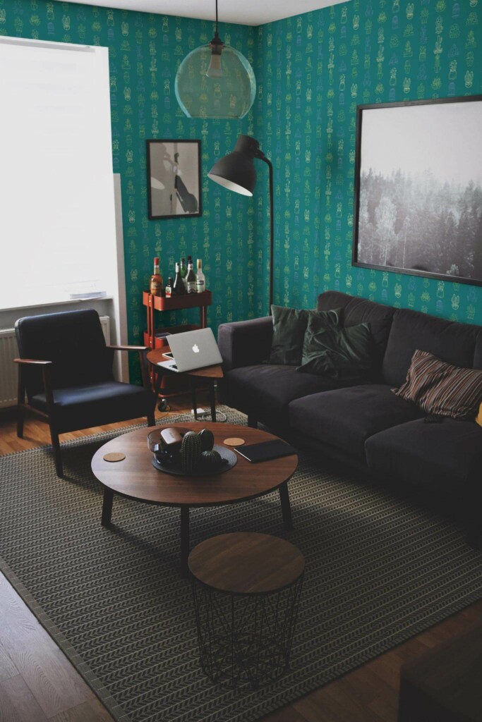 Modern dark industrial style living room decorated with Teal cactus peel and stick wallpaper
