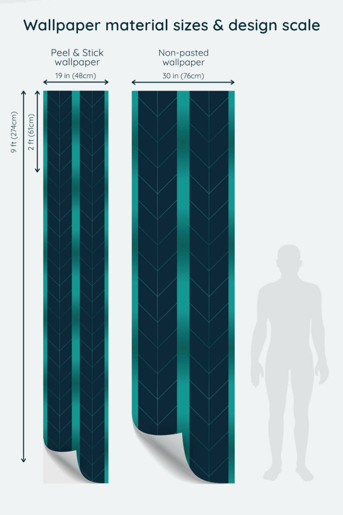 Size comparison of Teal Elegance Peel & Stick and Non-pasted wallpapers with design scale relative to human figure