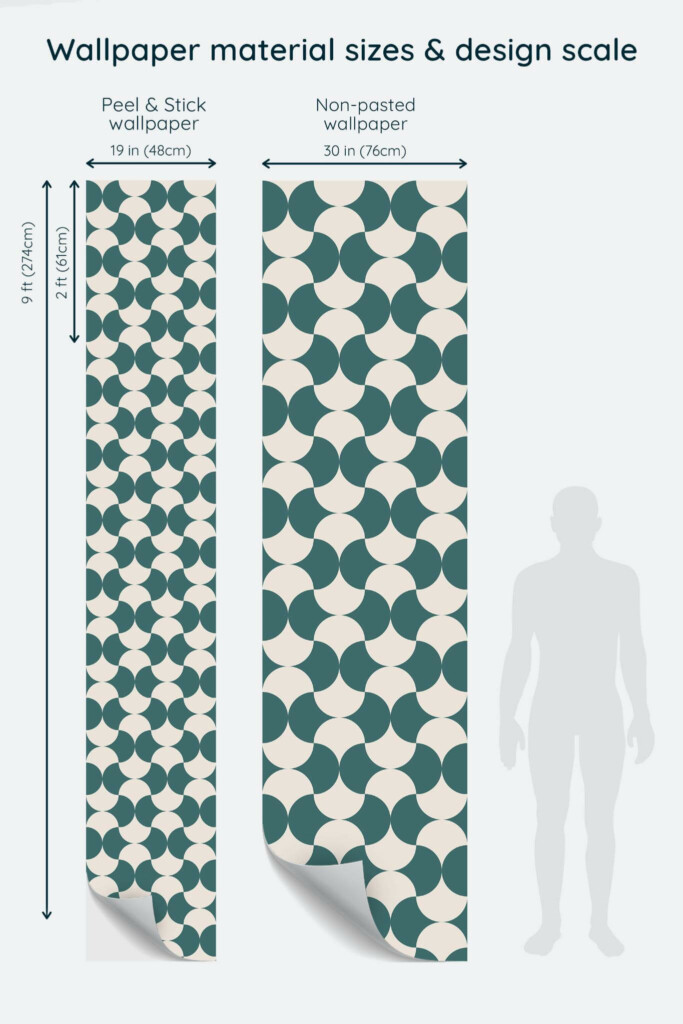 Size comparison of Teal mid-century arch Peel & Stick and Non-pasted wallpapers with design scale relative to human figure