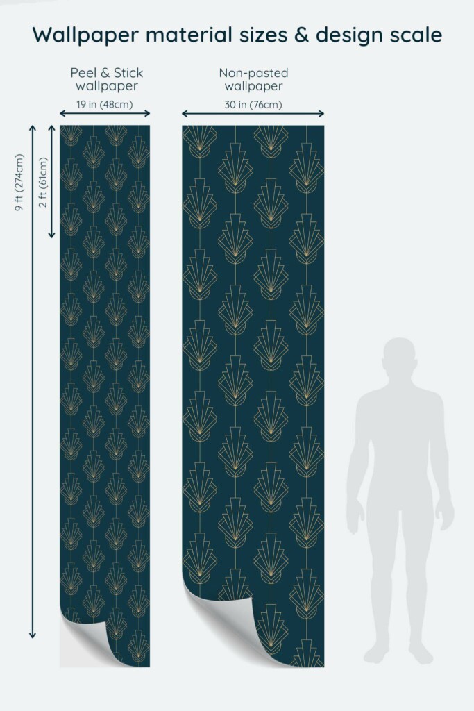 Size comparison of Teal modern Art Deco Peel & Stick and Non-pasted wallpapers with design scale relative to human figure