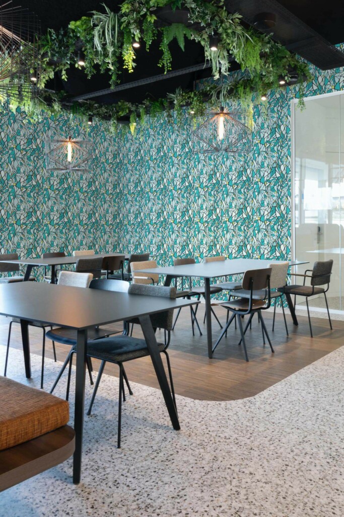 Modern style cafe decorated with Teal mosaic peel and stick wallpaper