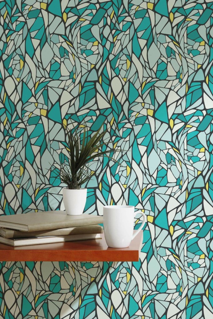 Scandinavian style accent wall decorated with Teal mosaic peel and stick wallpaper