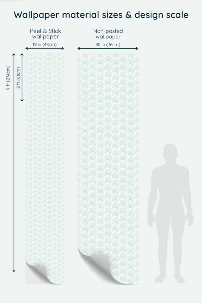 Size comparison of Teal palm leaf Peel & Stick and Non-pasted wallpapers with design scale relative to human figure