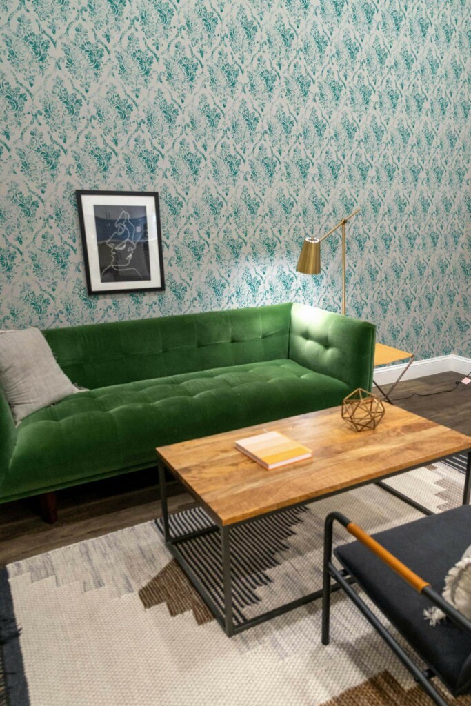 Mid-century modern living room decorated with Teal retro damask peel and stick wallpaper and forest green sofa