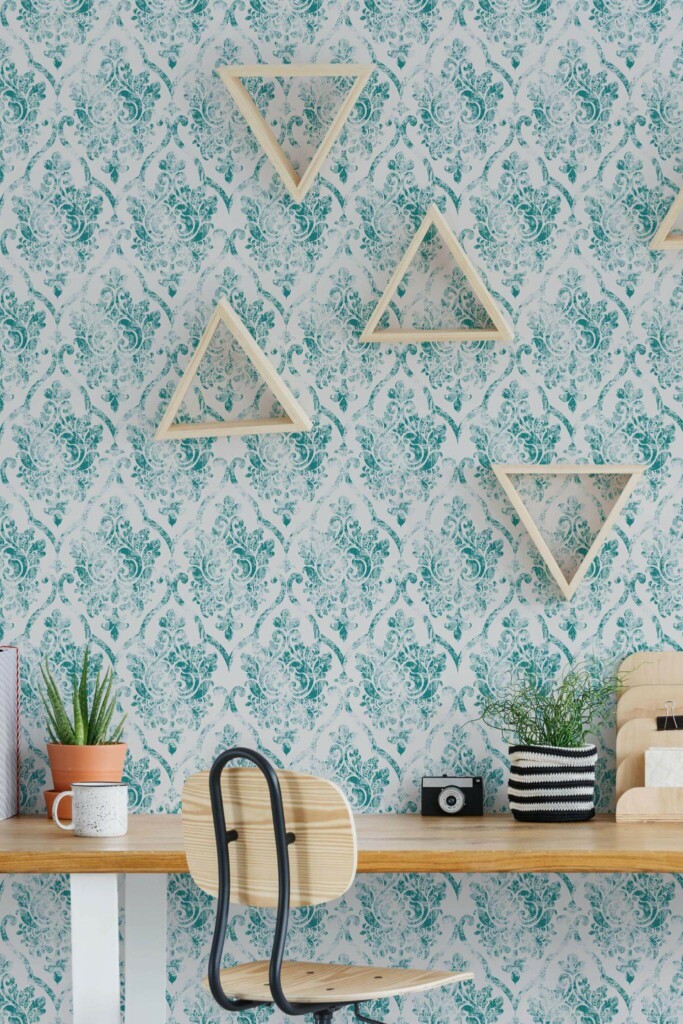 Scandinavian style home office decorated with Teal retro damask peel and stick wallpaper