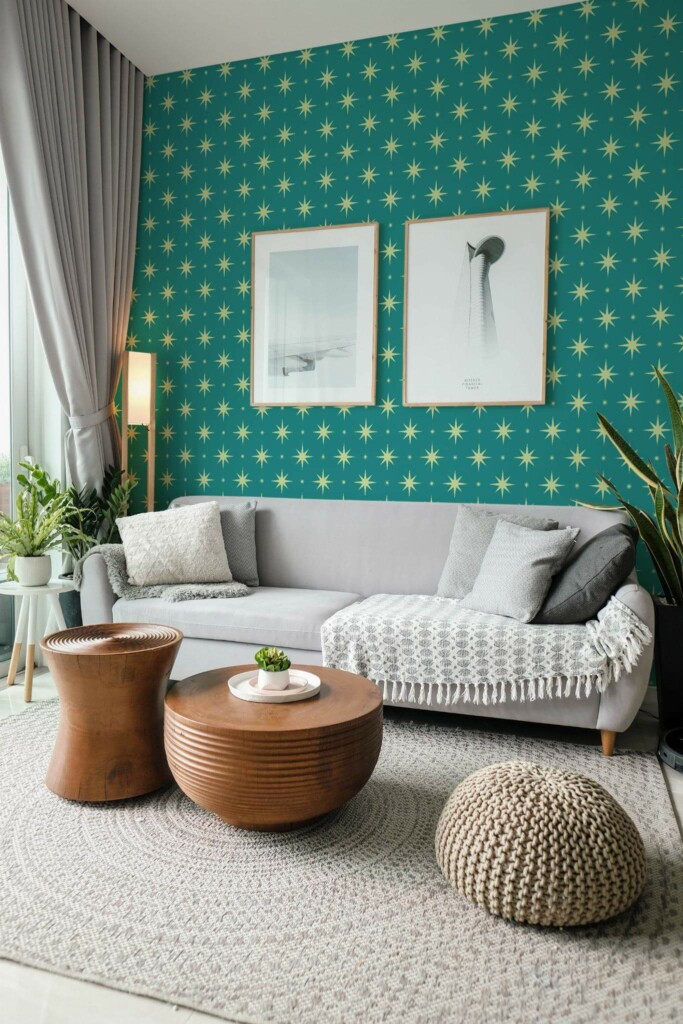 Modern scandinavian style living room decorated with Teal stars peel and stick wallpaper and green plants