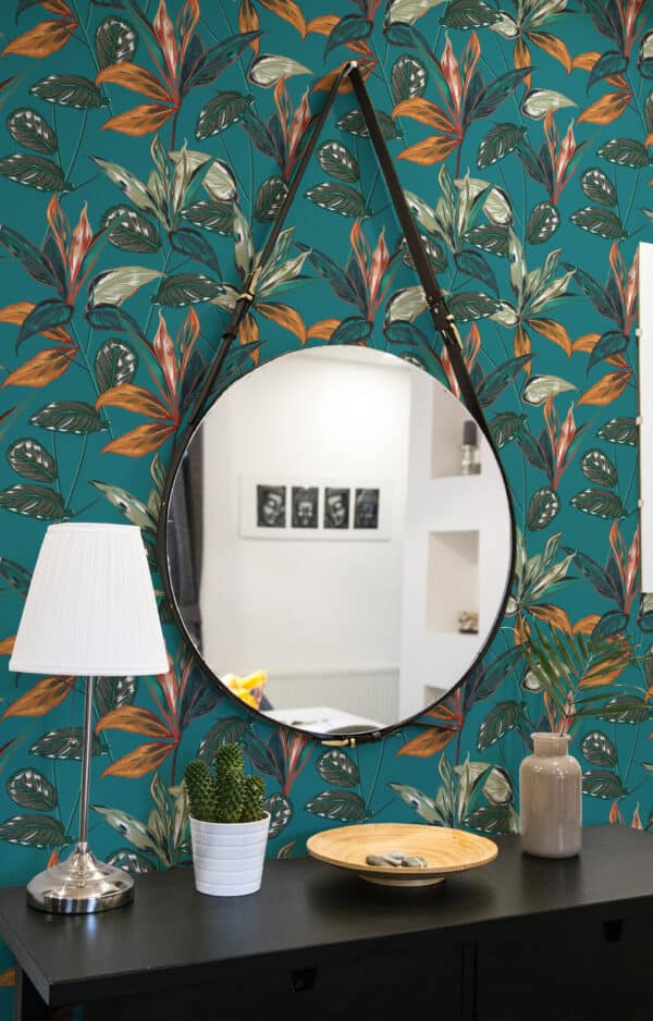 tropical teal traditional wallpaper