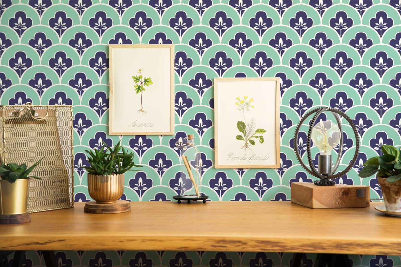 Teal vintage pattern wallpaper Peel and Stick Removable Fancy Walls