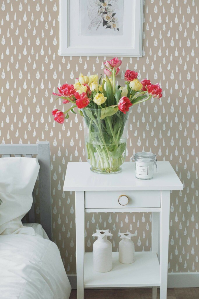 Farmhouse style bedroom decorated with Teardrop pattern peel and stick wallpaper