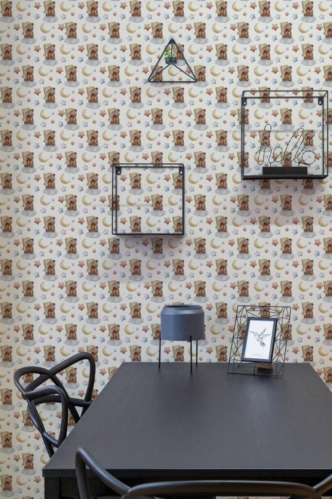 Industrial modern style dining room decorated with Teddy bear peel and stick wallpaper