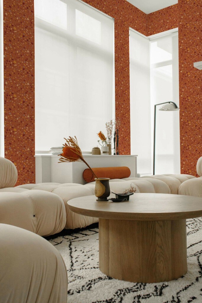 Contemporary style living room decorated with Terracota terrazzo peel and stick wallpaper