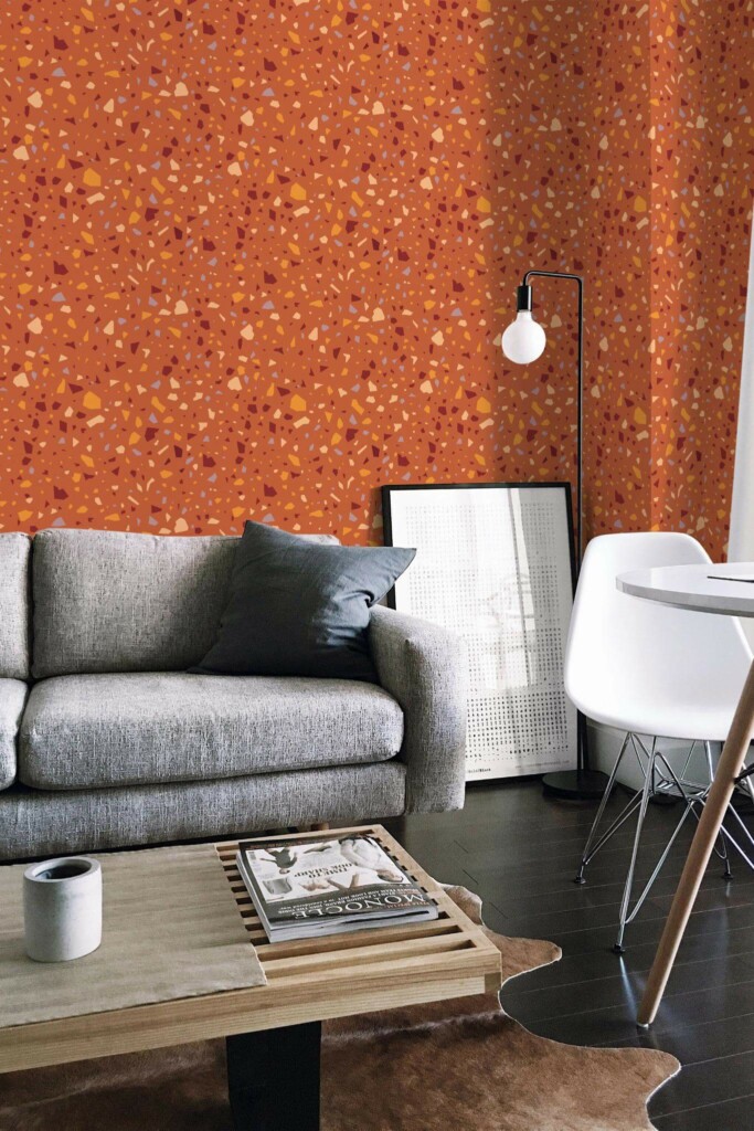 Industrial scandinavian style living room decorated with Terracota terrazzo peel and stick wallpaper