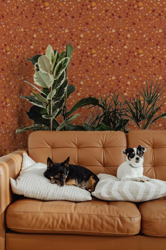 Mid-century modern style living room decorated with Terracota terrazzo peel and stick wallpaper