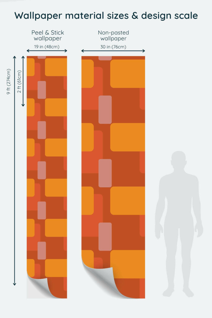 Size comparison of Terracotta Angular Peel & Stick and Non-pasted wallpapers with design scale relative to human figure