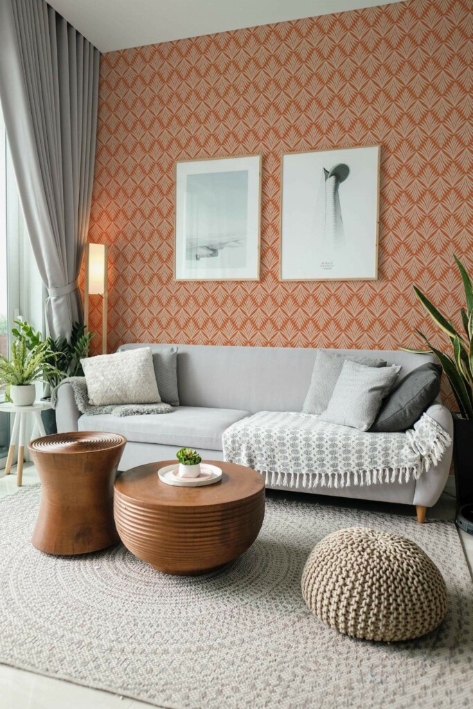 Modern scandinavian style living room decorated with Terracotta art deco leaves peel and stick wallpaper and green plants