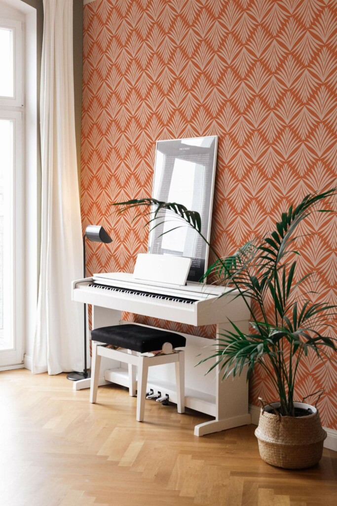 Modern style living room with a piano decorated with Terracotta art deco leaves peel and stick wallpaper