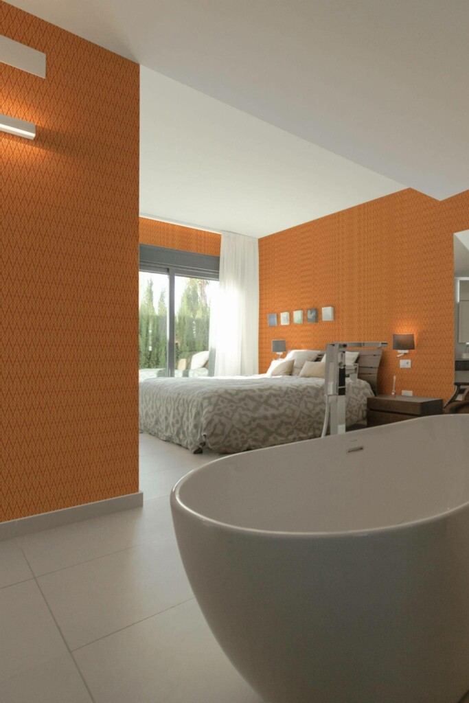 Modern style bedroom with open bathroom decorated with Terracotta art deco peel and stick wallpaper
