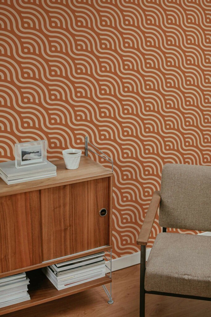 Mid-century style living room decorated with Terracotta art deco waves peel and stick wallpaper