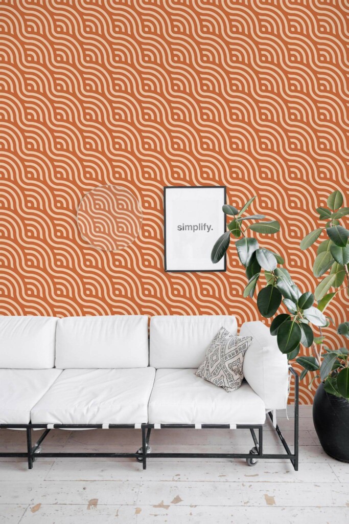 Minimal industrial style living room decorated with Terracotta art deco waves peel and stick wallpaper