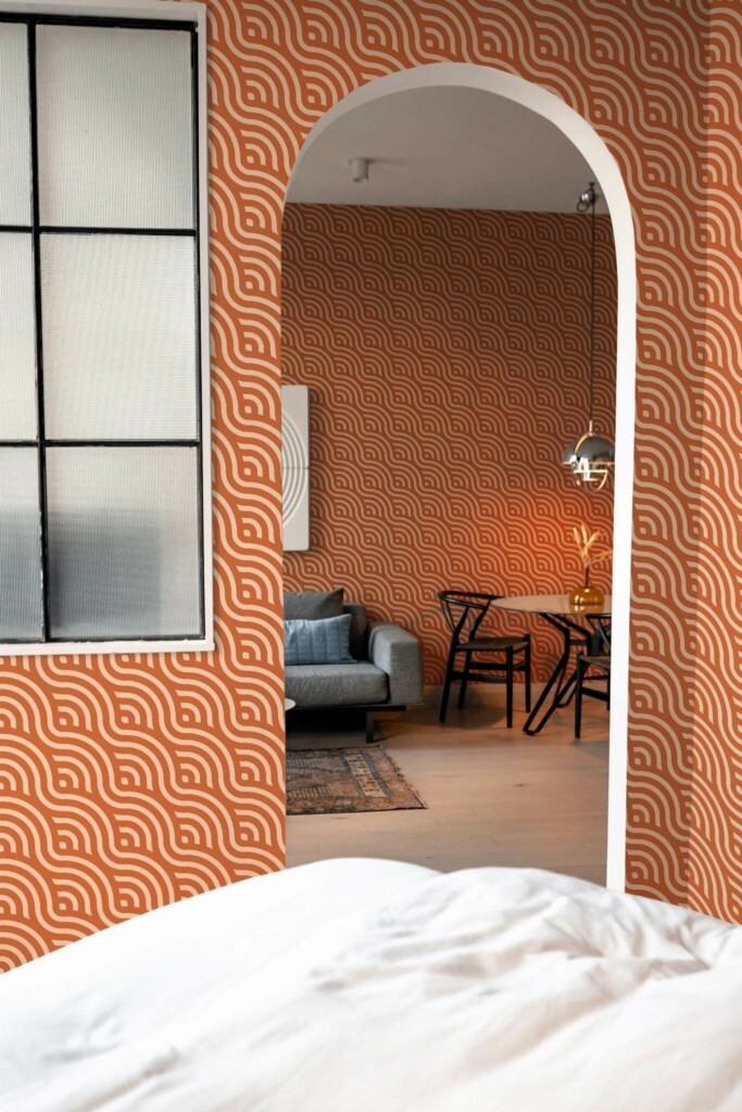 Modern scandinavian style living room decorated with Terracotta art deco waves peel and stick wallpaper