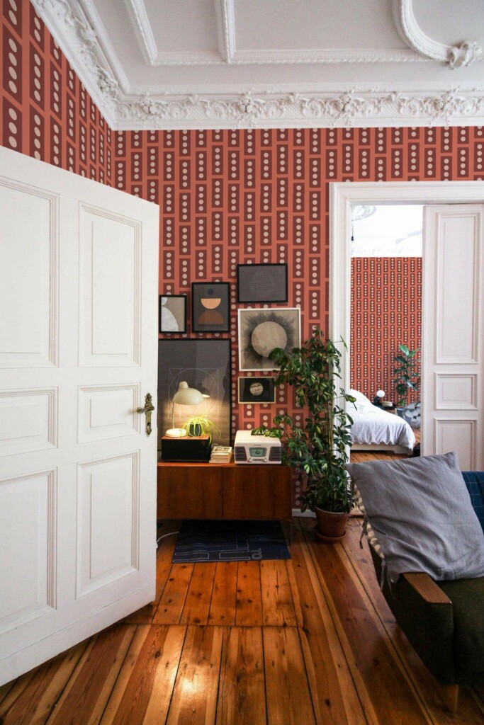 Mid-century modern luxury style living room and bedroom decorated with Terracotta brick effect peel and stick wallpaper