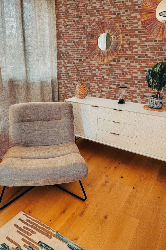 Modern style living room decorated with Terracotta brick peel and stick wallpaper