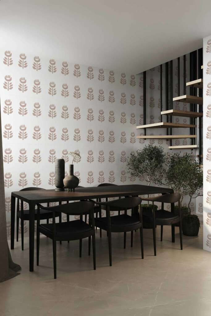 Modern industrial style dining room decorated with Terracotta floral peel and stick wallpaper
