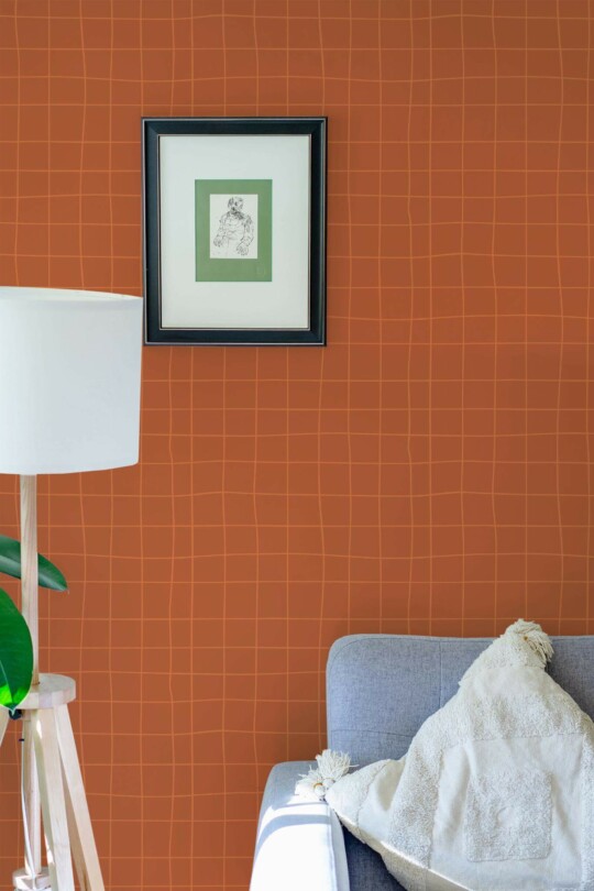 Eastern European style living room decorated with Terracotta grid peel and stick wallpaper