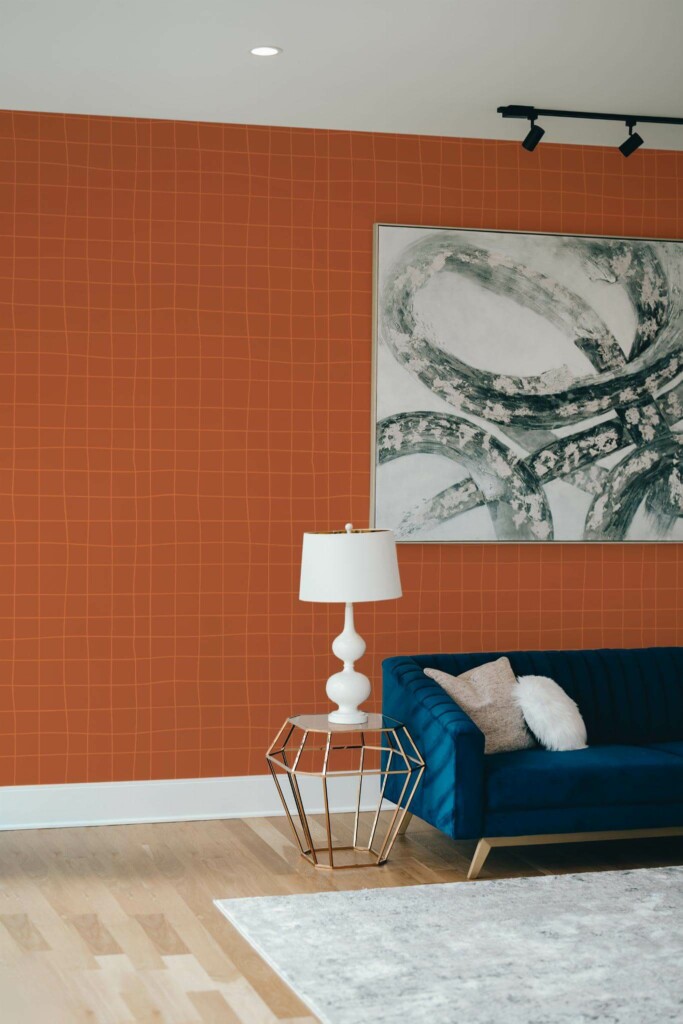 Modern style living room decorated with Terracotta grid peel and stick wallpaper
