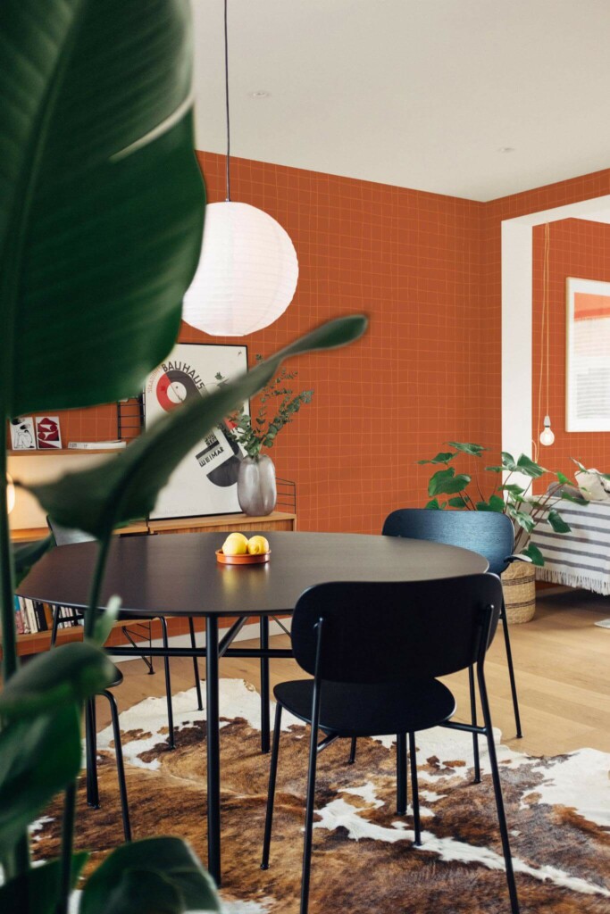 Scandinavian style dining room decorated with Terracotta grid peel and stick wallpaper