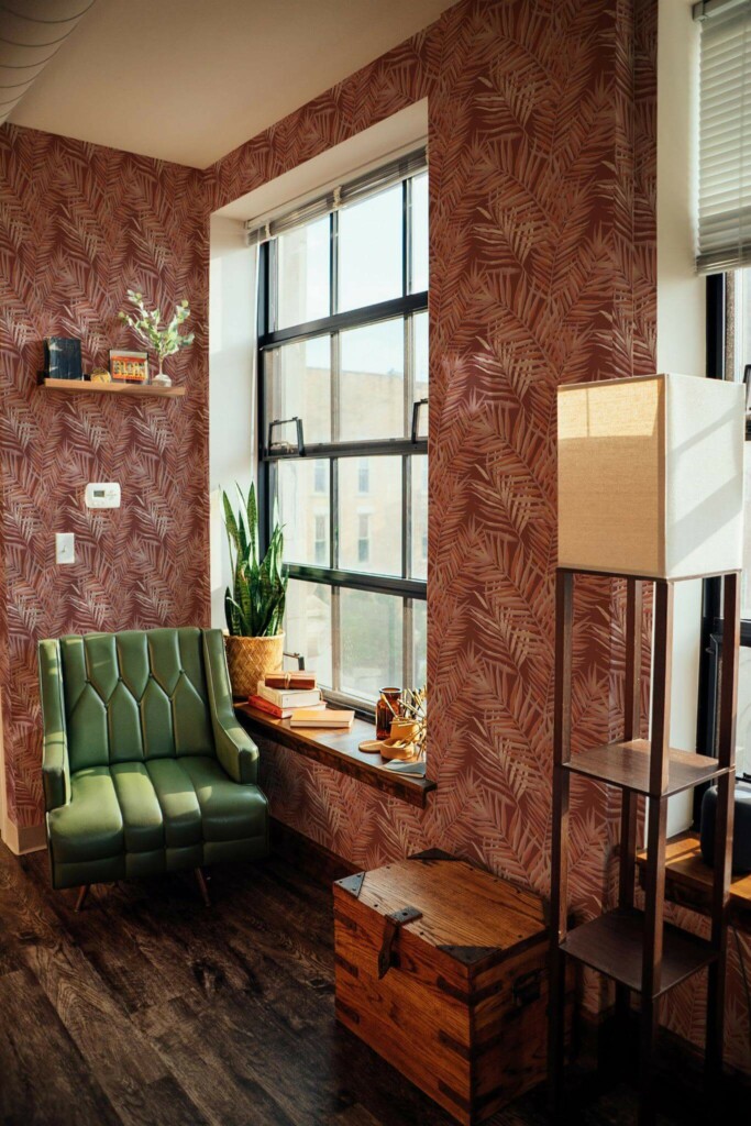 Mid-century style living room decorated with Terracotta palm leaves peel and stick wallpaper