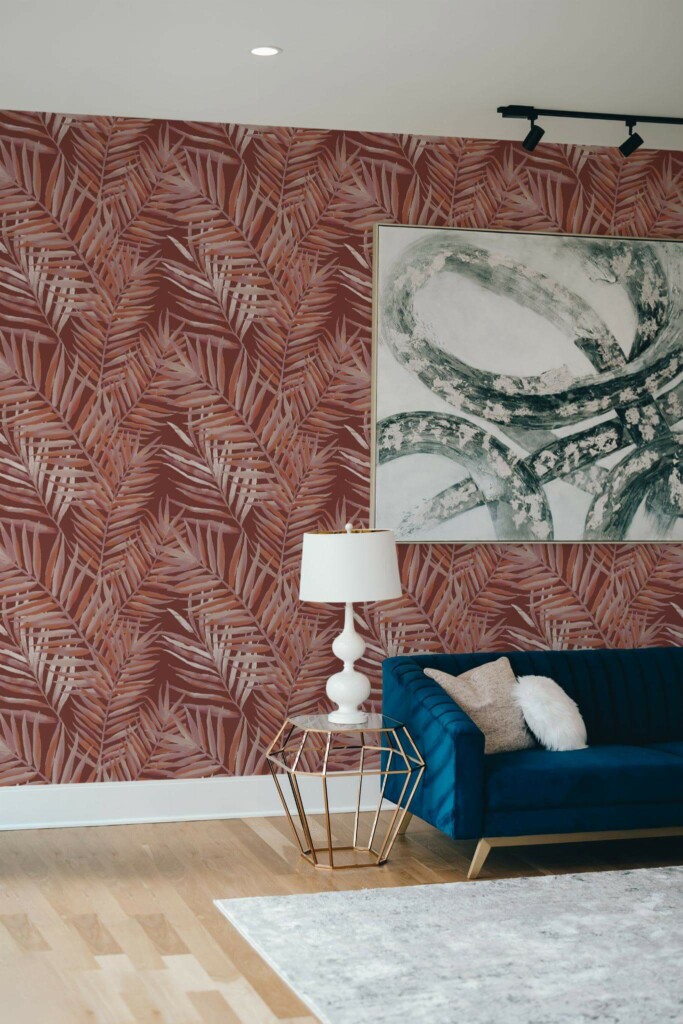 Modern style living room decorated with Terracotta palm leaves peel and stick wallpaper
