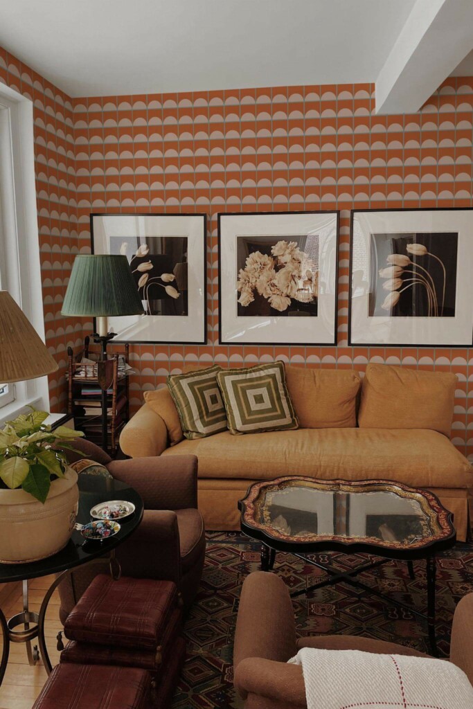 Mid-century eclectic style living room decorated with Terracotta tiles peel and stick wallpaper