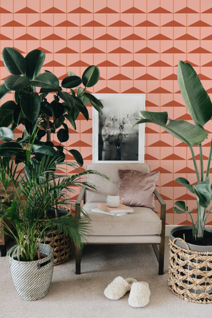 Modern boho style living room decorated with Terracotta triangles on pink peel and stick wallpaper