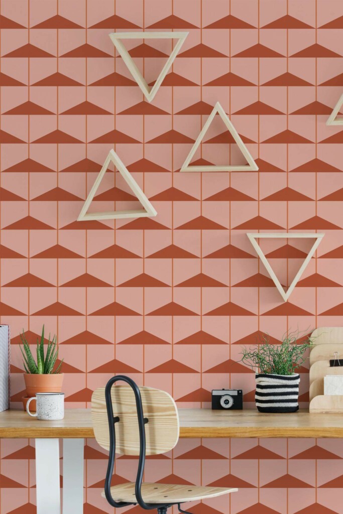 Scandinavian style home office decorated with Terracotta triangles on pink peel and stick wallpaper